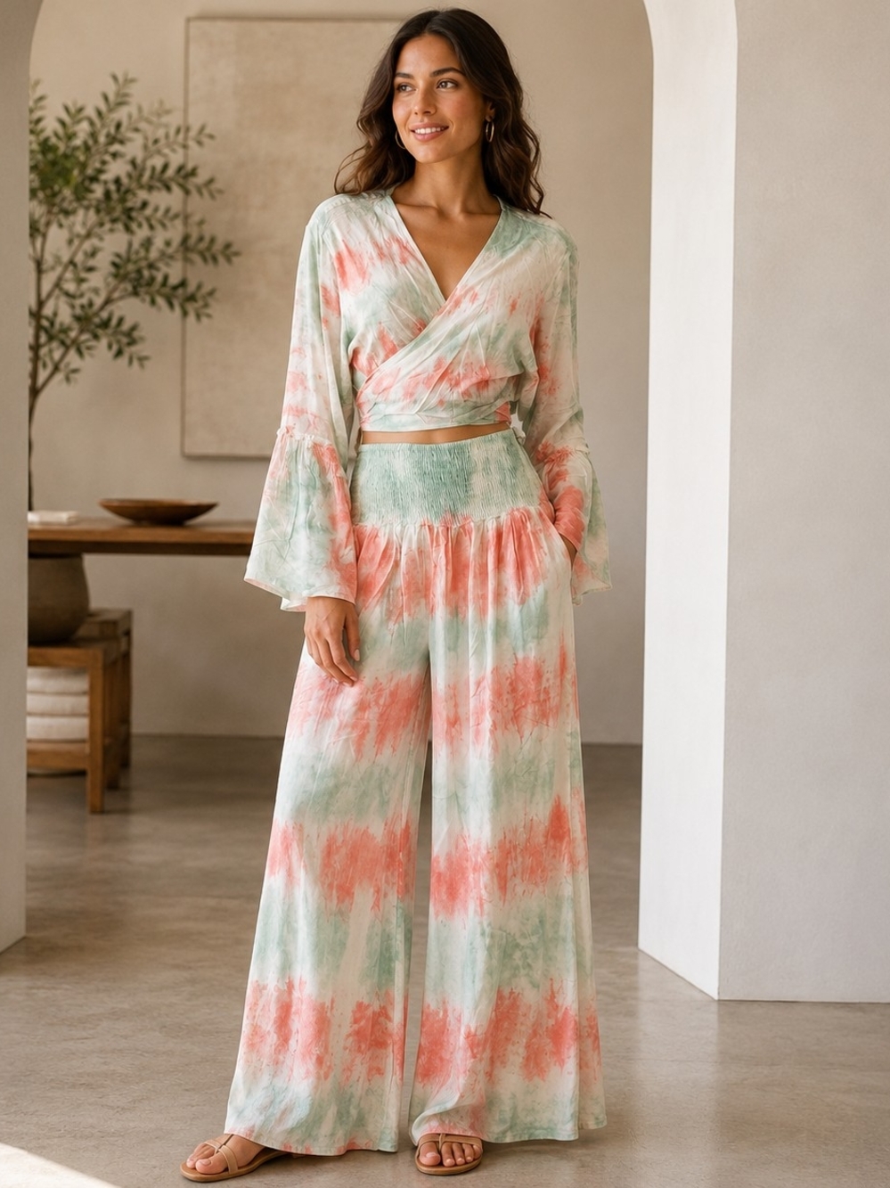 White Waves Tie-Dye Wide Leg Pull-On Pants - Coral & Sage
